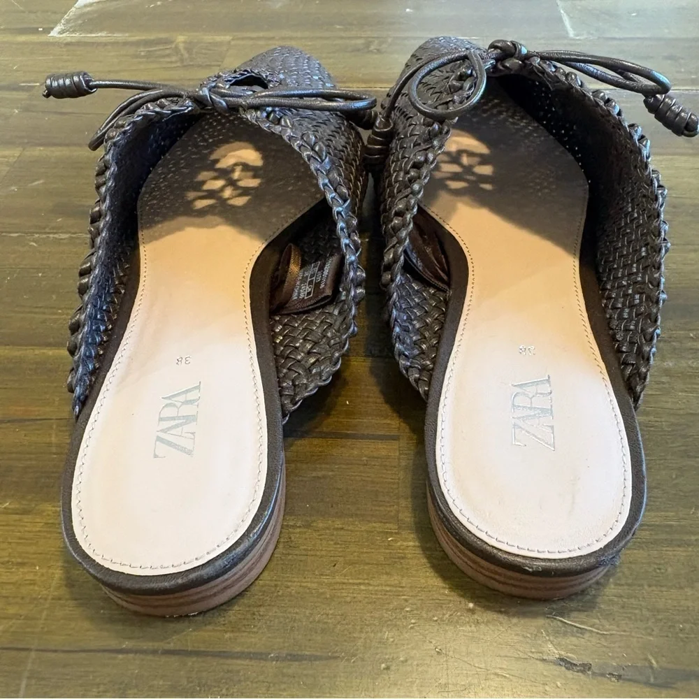 ZARA BRAIDED WOVEN FLAT MULES BROWN TIE BOW SLIDES SANDALS 38 BASKET WEAVE